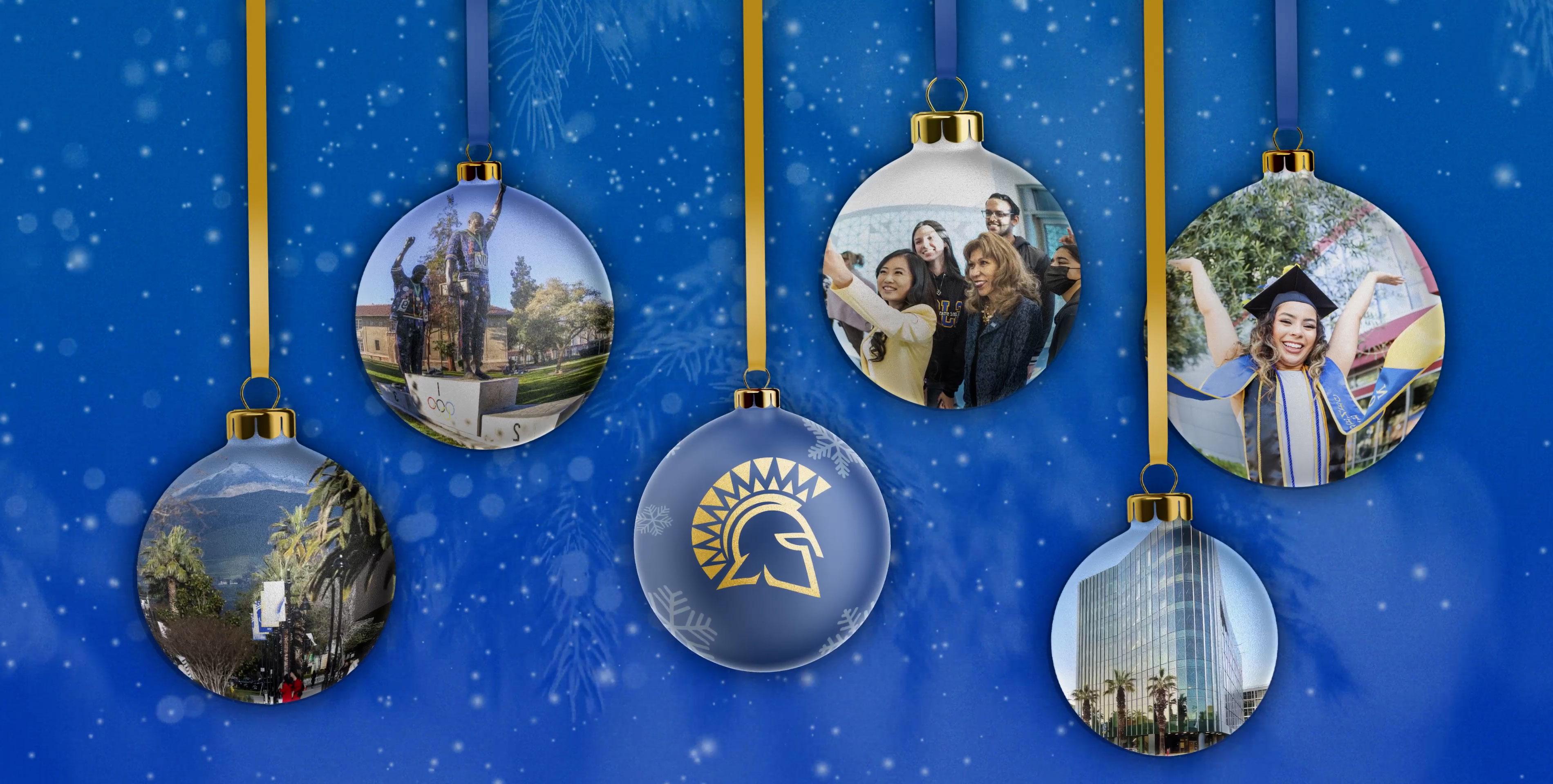 圣诞树上的装饰品悬挂在飘落的蓝色雪花背景上, 每个装饰品都有一张照片，突出了校园里的时刻.